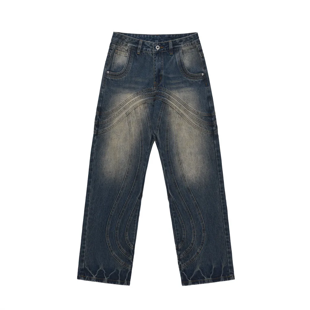 

High Street Spliced Vintage Bleached Denim Jeans Man Washed Pleated Straight Casual Full Length Trousers