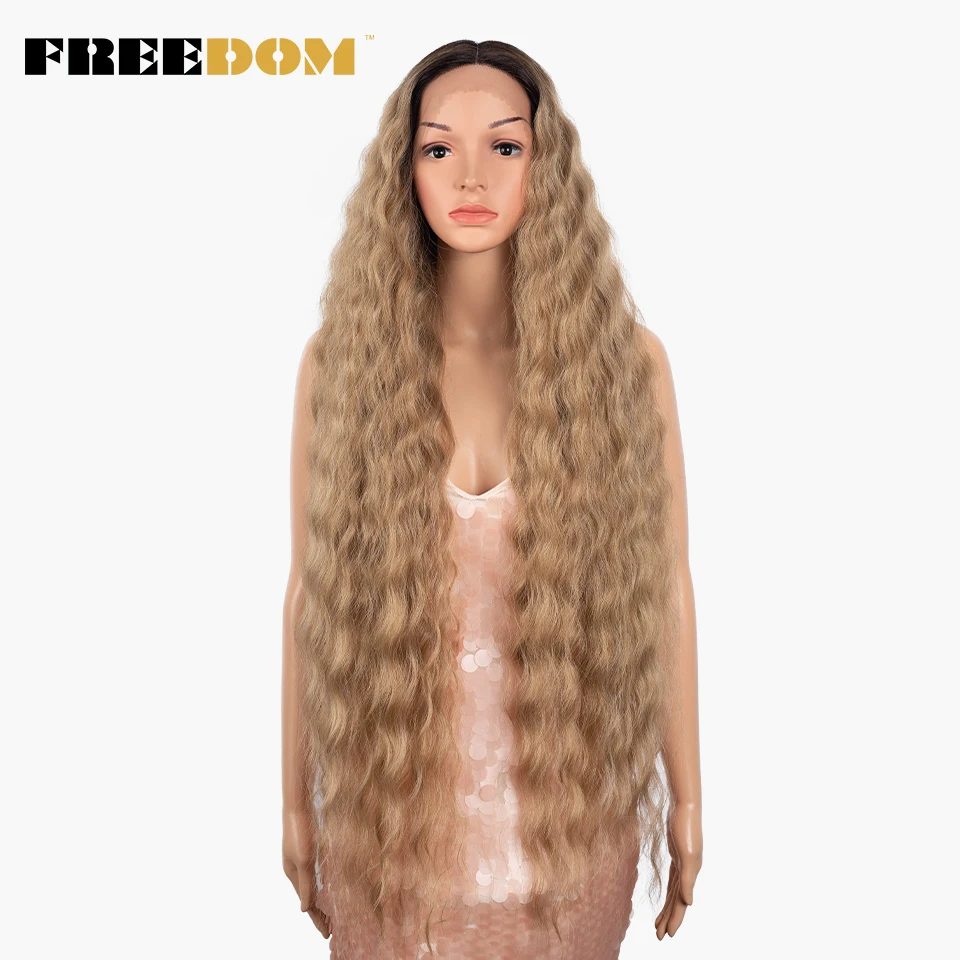 

FREEDOM Synthetic Lace Wig Deep Part 40 inch Long Deep Wave Cosplay Wigs Ombre Brown White Synthetic Lace Wigs For Black Women