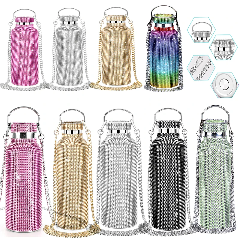 

350/500/750ml Reusable Diamond Thermos Bottles Portable Glitter Rhinestone Water Bottle Stainless Steel Thermal Flask as Gift