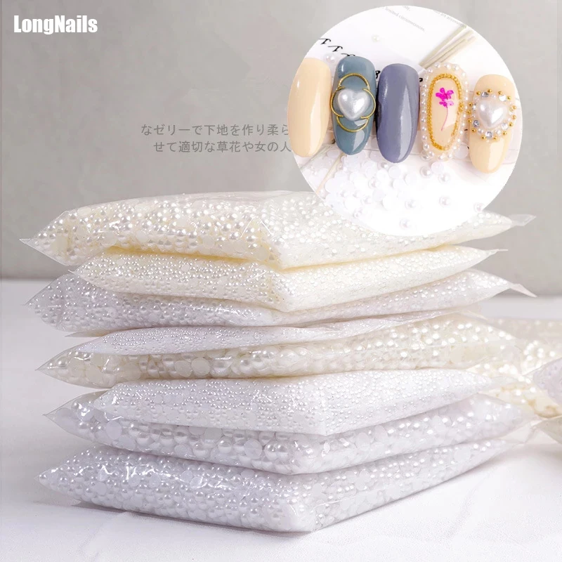 

120-1200pcs/bag Nail Round&Half Round Pearls Beads 3D Nail Art Decorations White/Beige Pearl Charm Jewelry Manicure Accessories