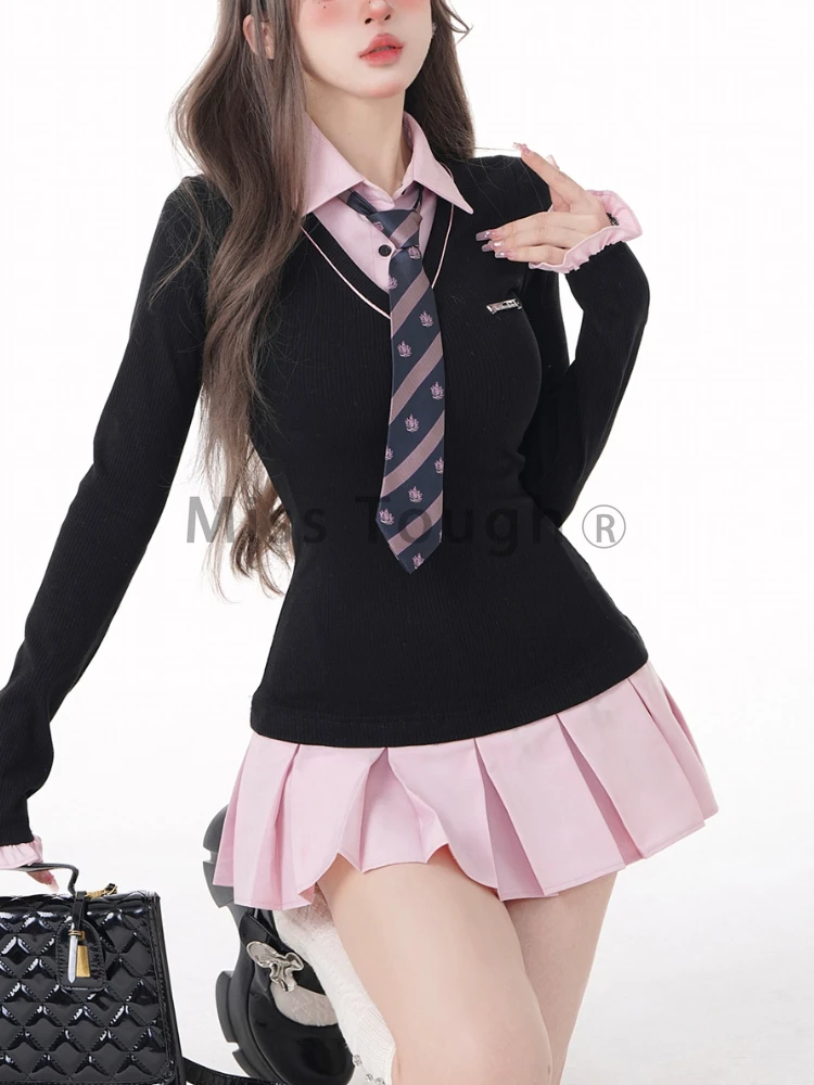 Зимнее милое мини-платье черного и розового цвета в стиле преппи женские платья