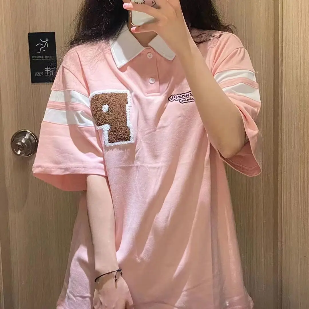 Футболка-поло женская с вышивкой рубашка из хлопка коротким рукавом Модная