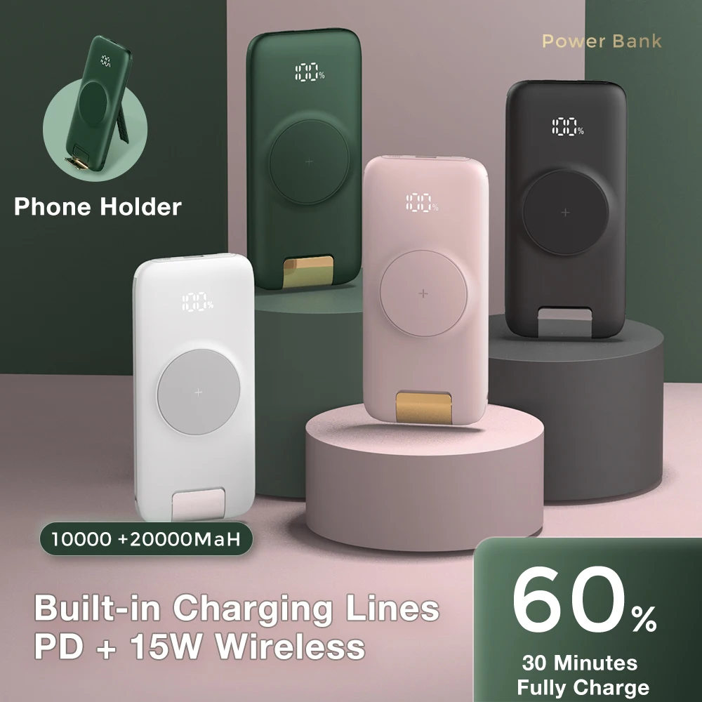 Najtaniej Genai 20000mAh Power Bank Z Wbudowanymi Kablami Linie ładowania ładowarka PD Przenośne Bezprzewodowe Powerbanks Bateria Zewnętrzna Mobilna