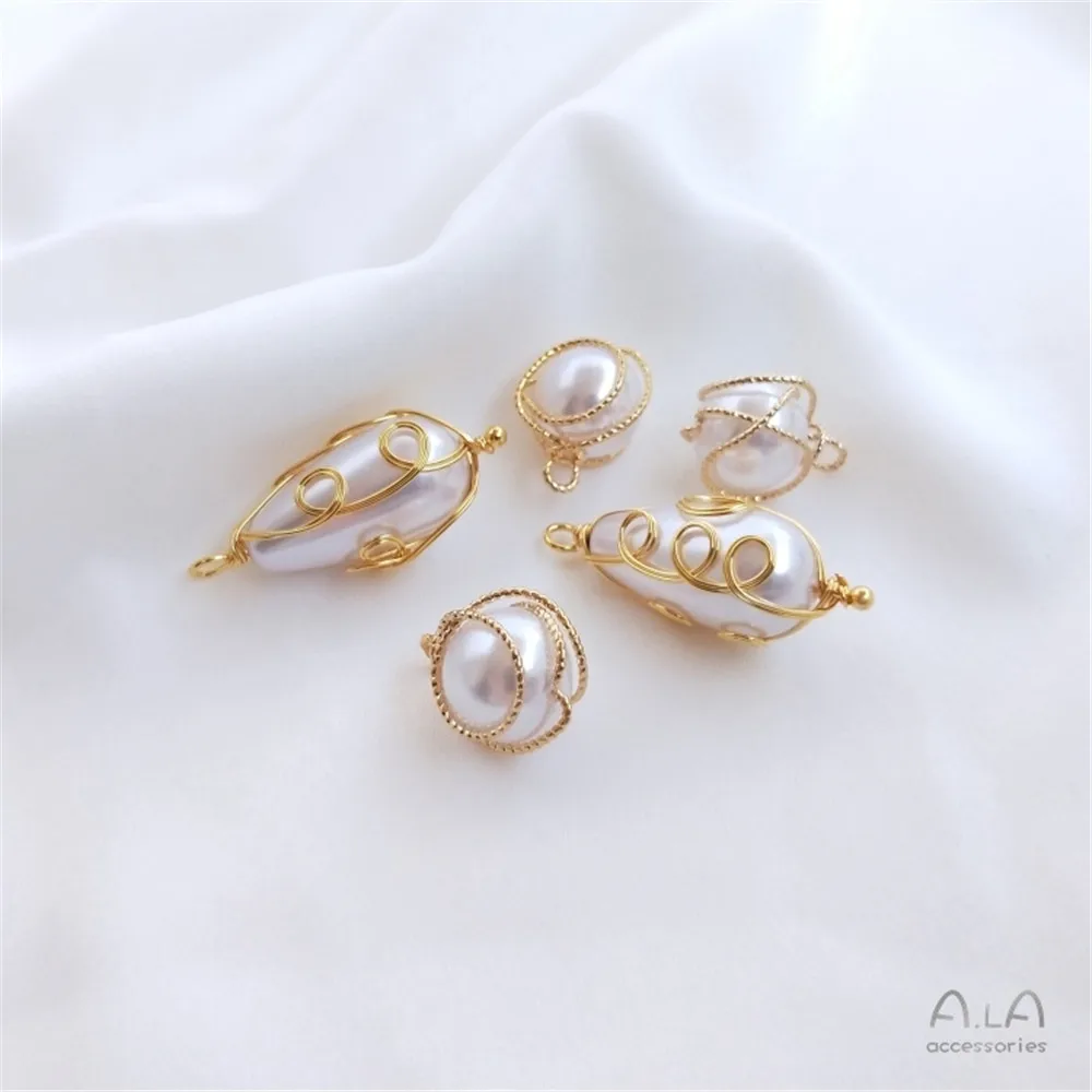 

14K Gold Copper wire batch yarn winding imitation pearl pendant DIY bracelet earrings pendant accessories
