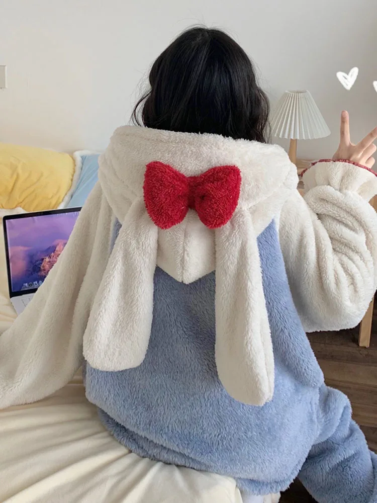 KIMOKOKM Sweet Princess Style Tracksuit Kawaii Bow Hooded Soft Full Sleeve Top Coral Fleece Pajamas Home Girly Two-Piece Suit