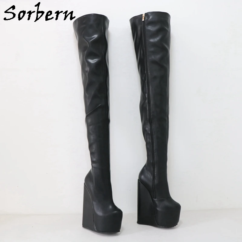 Sorbern 22cm Crotch Thigh High Boots Unisex Wedges High Heels Platform Drag Queen Shoes DIY Wide Fit Calf Slim Fit Size 33-48