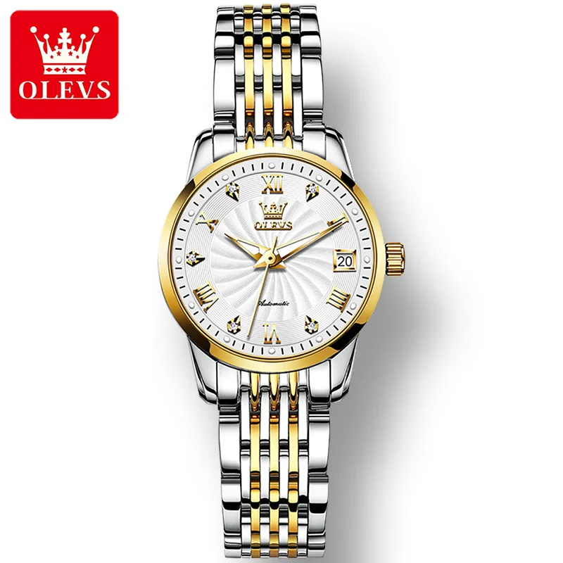Enlarge OLEVS 6630 Waterproof Stainless Steel Strap Watch for Women Business Dual Calendar Automatic Mechanical Women Wristwatches
