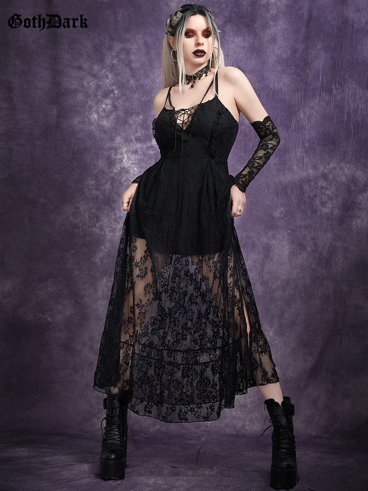 

Goth Dark Lace Transprent High Split A-line Dresses Gothic Spaghetti Strap Women Midi Dress Grunge Aesthetic Summer Partywear
