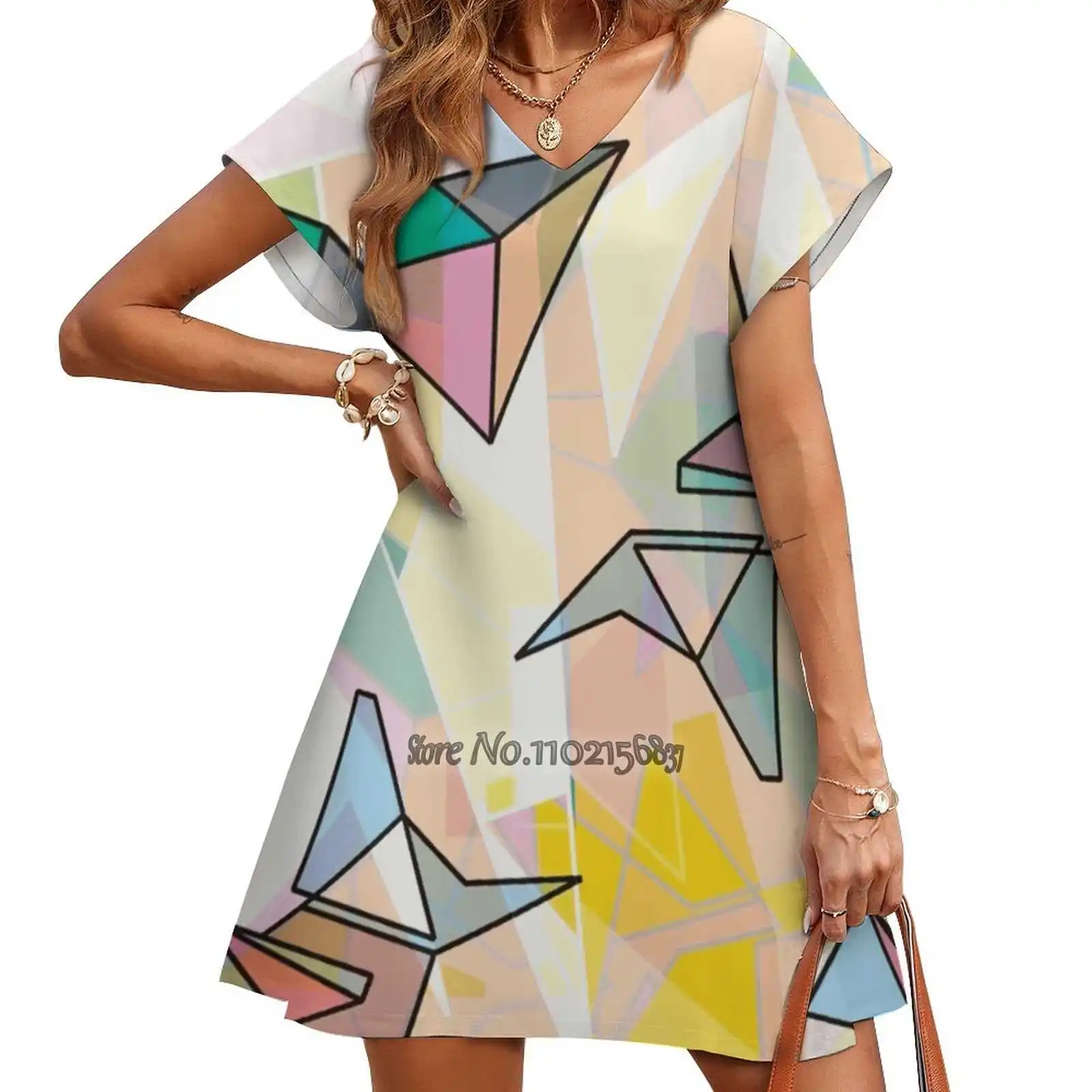 

Shapes Design Print Dress Short Sleeve V-Neck Fashion Skirt Thin Short Sleeve Skirts Abstract Shapes Geometric Colorful Surreal