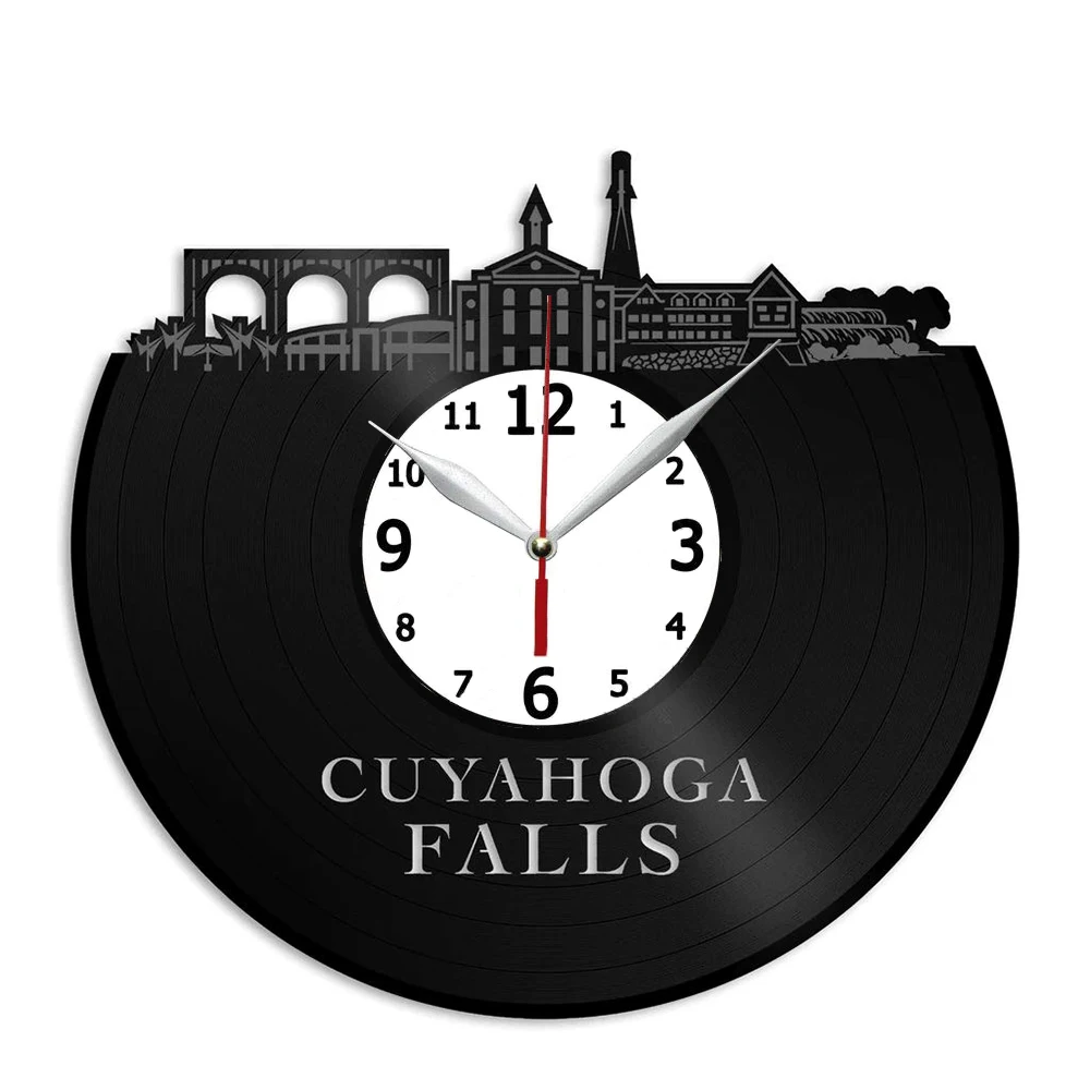 

Виниловые настенные часы Cuyahoga Falls, домашний дизайн, украшение на стену, подарок, художественное украшение, подарок на день рождения