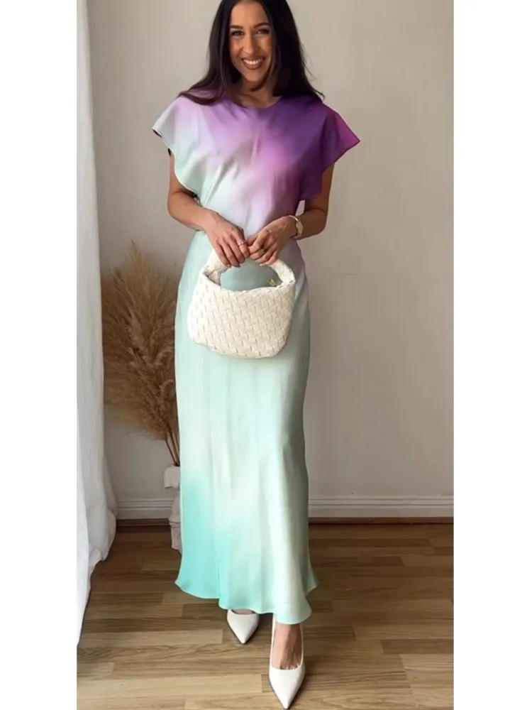 

Женское атласное платье средней длины, элегантное вечернее пляжное платье с О-образным вырезом и коротким рукавом, лето 2023