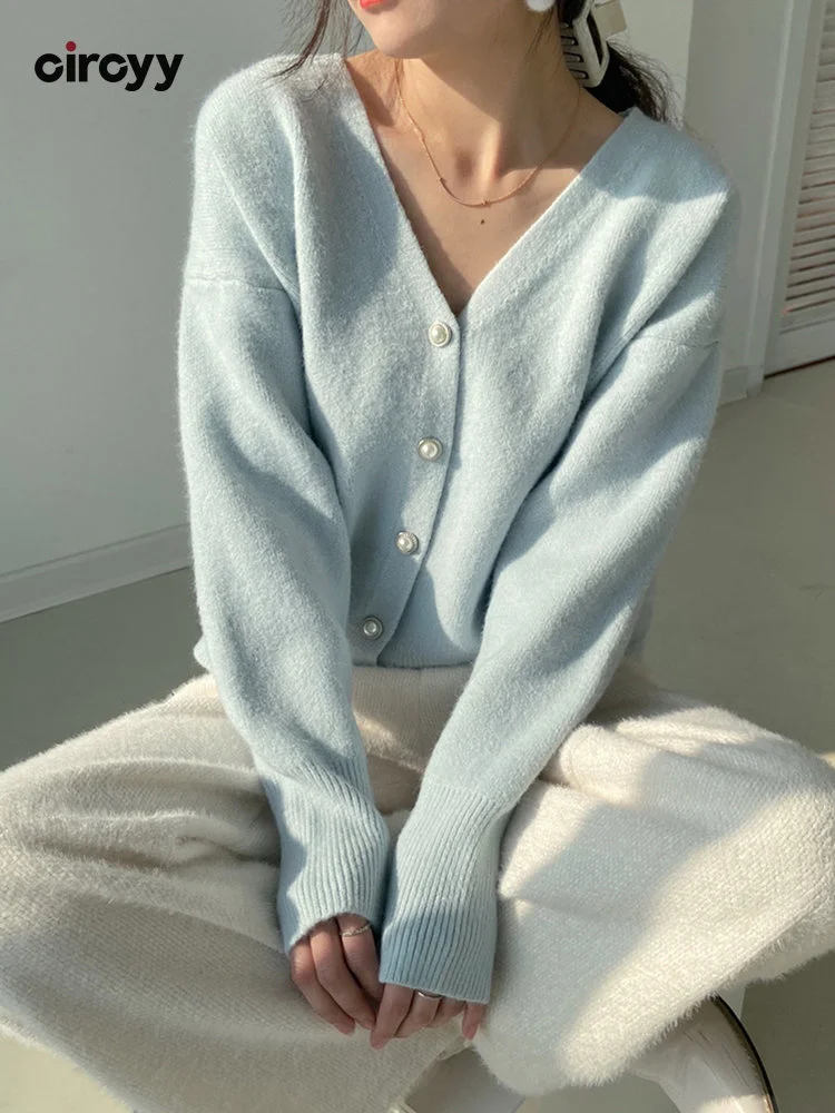 

Circyy Knitted Cardigan Women Sweater Korean Fashion White Blue Pink V-Neck Lady Clothes Soft Loose Coat 2022 Fall Winter Warm