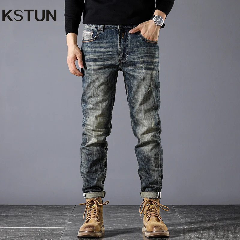 Мужские роскошные джинсы эластичные тонкие прямые мужские джинсовые брюки в