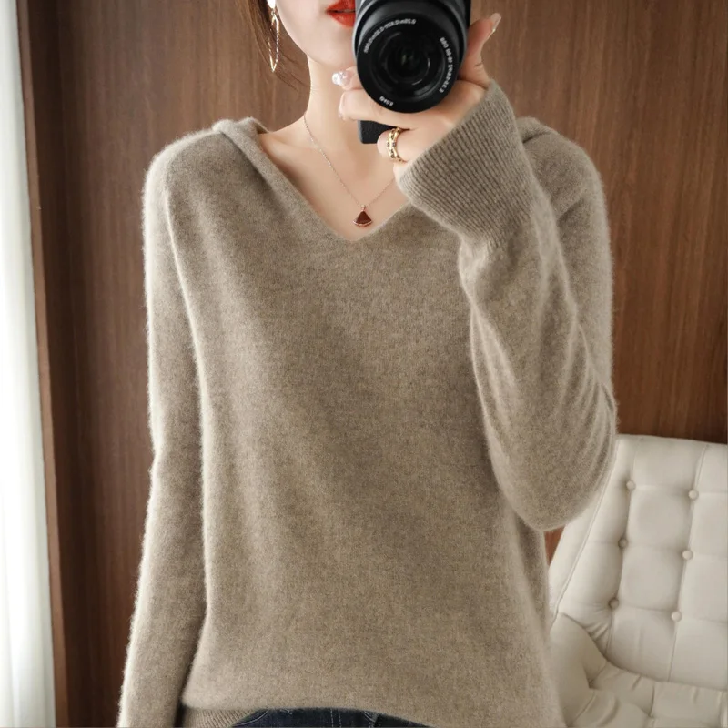 

Women Hoodie 100% Wool Sweater Knitted Pullover Autumn\Winter Warm Tops Loose Long Sleeve Elegant Fashion Clothes