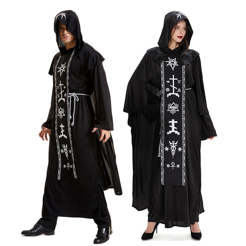 

Witch Wizard Costumes Grim Reaper Magician Sorceress Sorcerer Halloween Women Men Priest Dress Hooded Robe Cloak Mantle Carnival