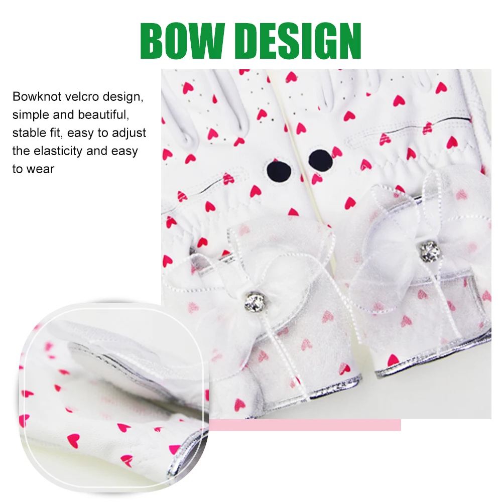1 Pair Fashion Women Golf Gloves Ladies Soft Sport Gloves Bow-knot Heart Shape High-grade PU Breathable Non-slip Wear-resistant