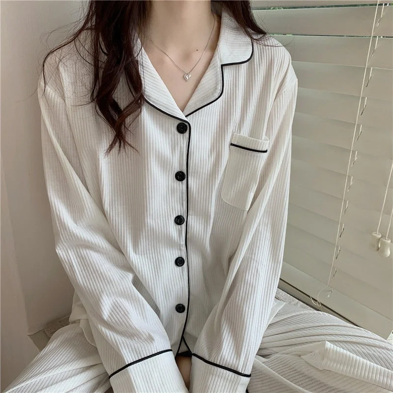 QWEEK Korean Sleepwear Women's Pajamas 2021 Home Clothes Set for Girls Suit White Long Sleeve Pijama Homewear Nightie Pyjamas