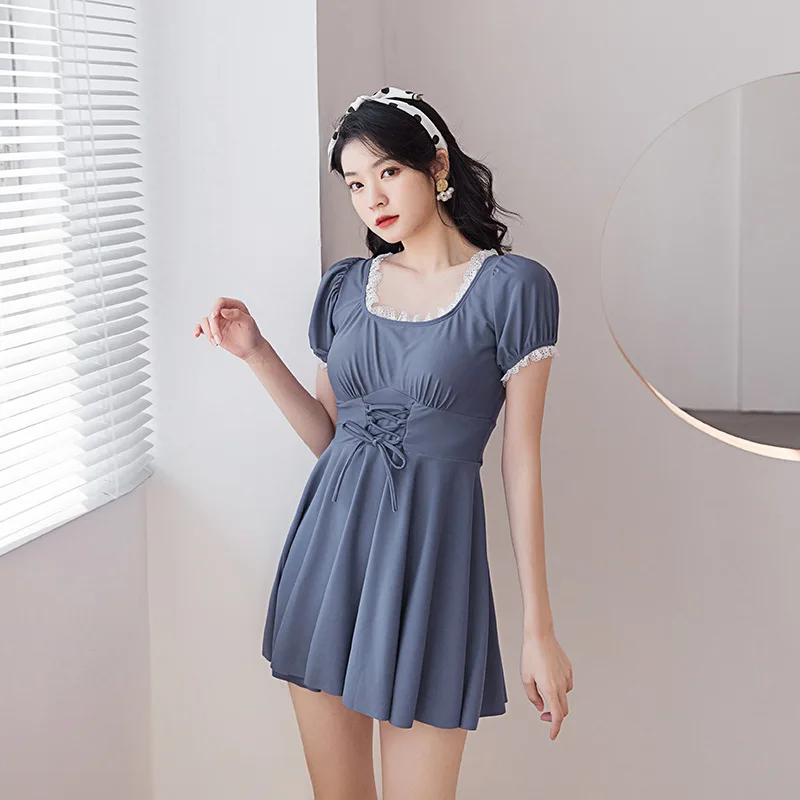 

Swimsuit With Push Up Whole Women Swimwear One Piece Suit Beach Female 2022 New Korea Ins Short Sleeve Skirt Solid Polyester