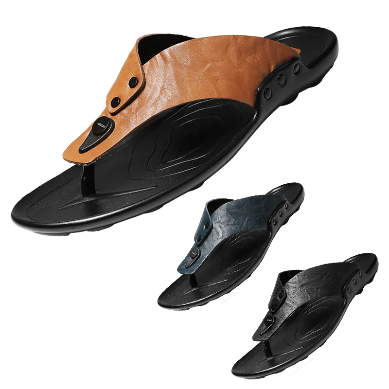 Hot Sale Leather Men's Vacation Beach Sandals Travel Leisure Outdoor Flip-Flops Lager Size Indoor Home Slippers 38-45#