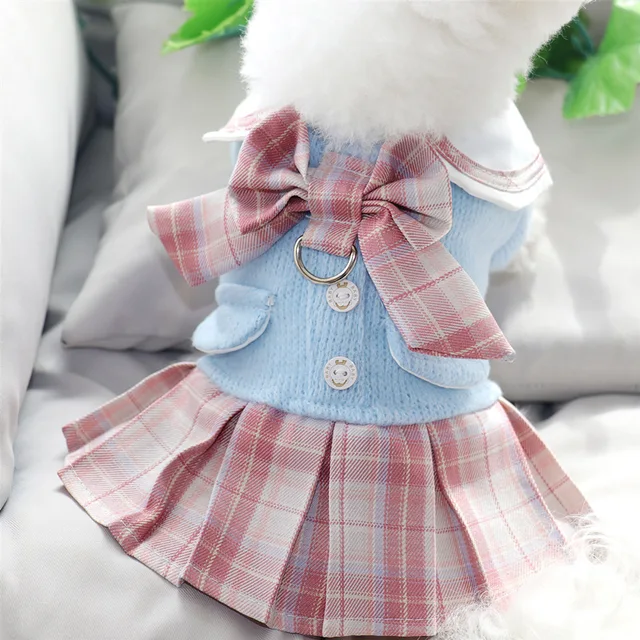 Dog Clothes Cute Puppy Dress Autumn Winter Sweet JK Skirt Cat Dog Harness Knitted Sweater Warm Coat Chihuahua Yorkshire Poodle 2