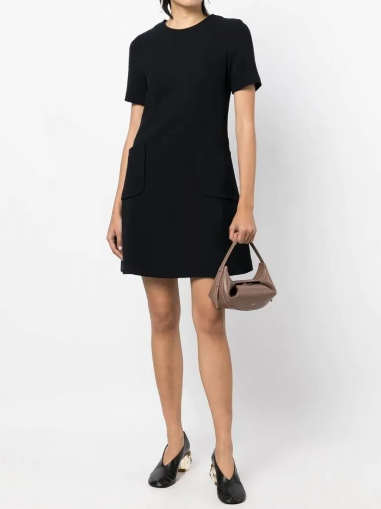 

Summer A Word Dresses For Women New Sale O Neck Short Sleeve Mini Dress Pacthwork Pockets Black Dress Female