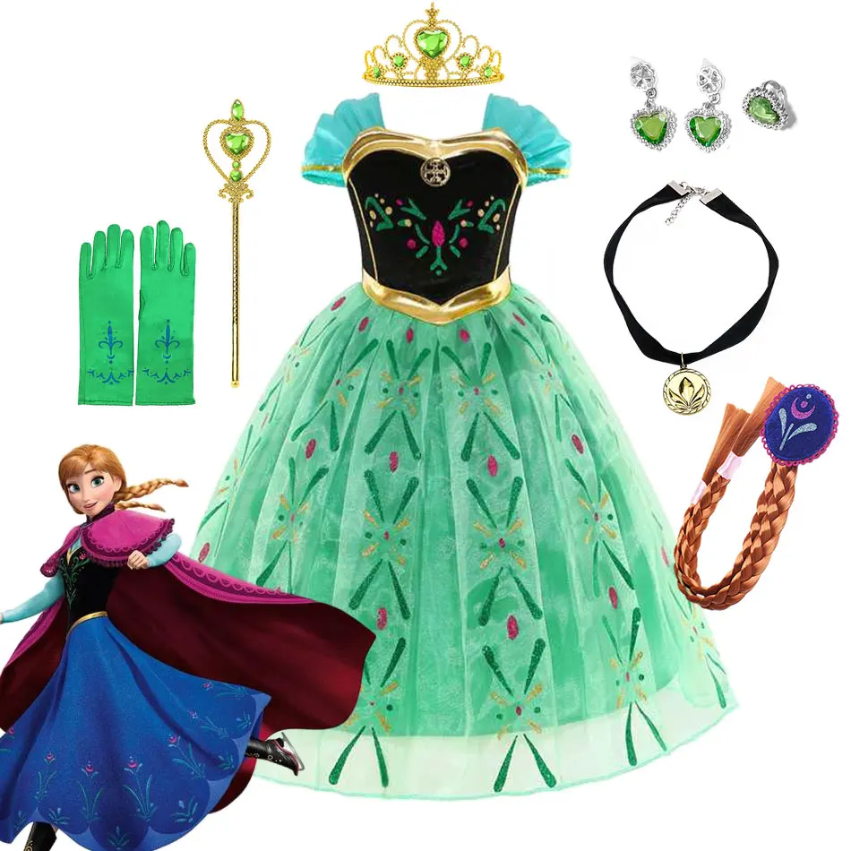 Cartoon Movie Disney Frozen Costume Play Princess Ball Gown Anna Green Floral Dress Girls Carnival Clothes Christmas Gift Frock