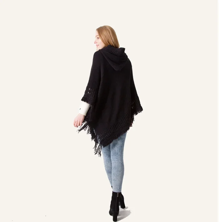 Весенне-осенний новый женский зимний вязаный пончо с капюшоном накидка вязанная