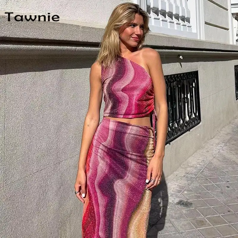 

Женское платье на одно плечо с принтом Tawnie, летний комплект из двух предметов с укороченным топом и длинной юбкой для отпуска, модель Y2K, 2023