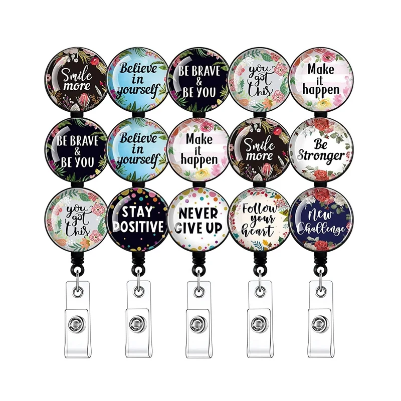 

15 Pieces Badge Reel With Motivation Quotes Retractable ID Badge Holder With Alligator Clip For Office Daily