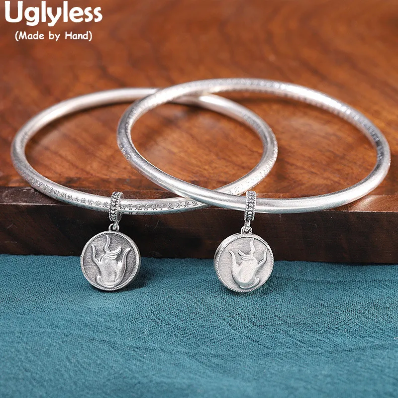 

Uglyless Carved Heart Sutra Buddhism Bangles for Women Genuine 999 Pure Silver Religious Jewelry 60MM Diameter Buddha Hand Charm