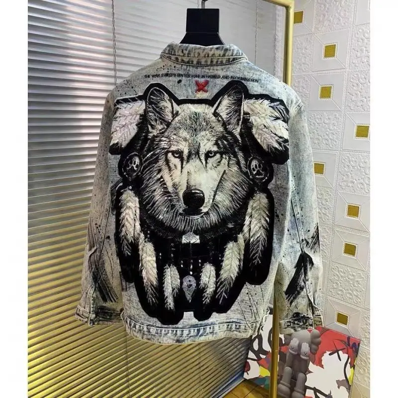 

HHH Best Men's Heavy Craft Fashion Embroidery Wolf Print Denim Hot Sell Sequin High-quality Bomber Coat Chic Personality Jacket