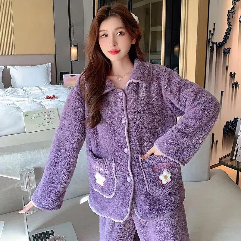 2023 New Pajama Sets Women Winter Flannel Pyjamas Thick Warm Long Sleeve Female Home Clothes Pijamas