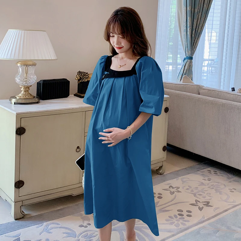 

8956# 2022 Summer Korean Fashion Cotton Maternity Long Dress Wide Leg Loose Straight Clothes for Pregnant Women Ins Pregnancy