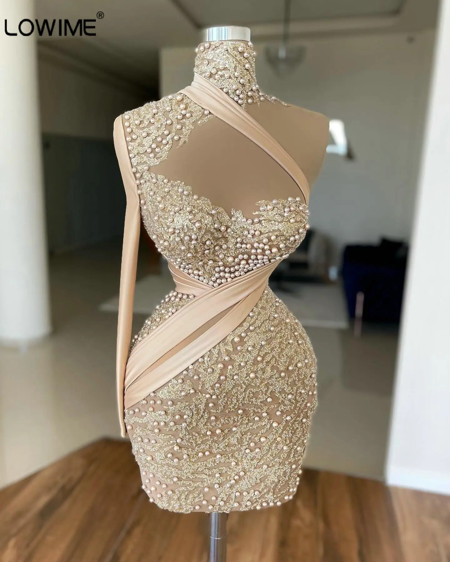 

Коктейльные платья с высоким воротником и жемчугом, женское платье на одно плечо с длинным рукавом и блестками для выпускного вечера, фотог...