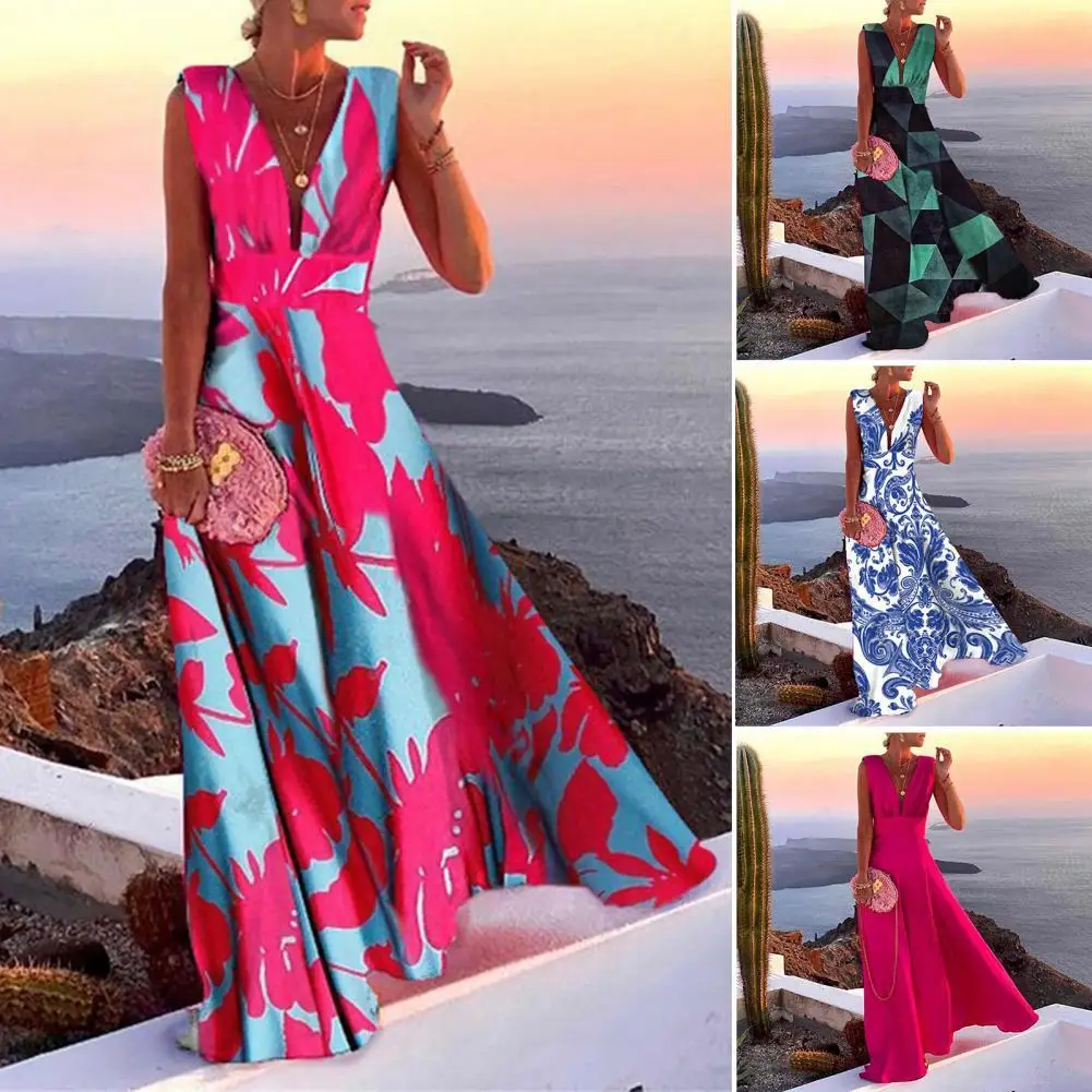 

Classic Elegant Dress Deep V-neck Skin-touching Maxi Dress Fashion Geometry Printing Sleeveless Women Dress