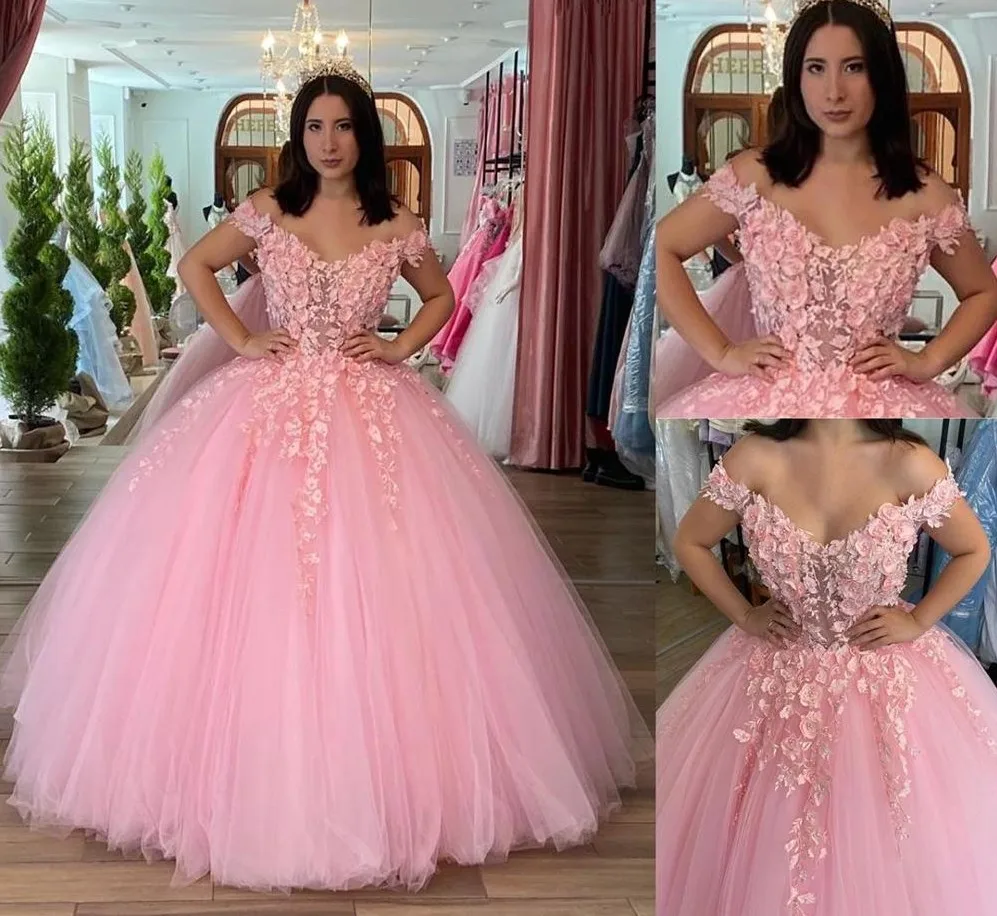 

Pink Off-Shoulder Ball Gown Quinceanera Dresses 15 Girls Formal Applique 3D Flower Tulle Princess Birthday Party Wear
