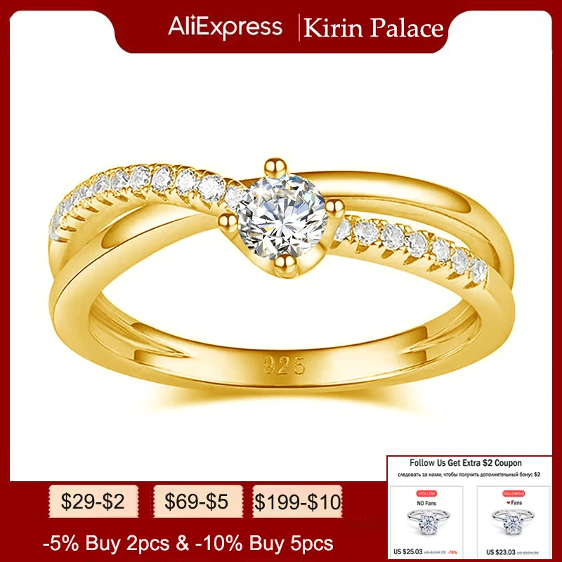 

Kirin Palace 100% Natural Moissanite 925 Silver Yellow Gold Ring for Women 0.3ct Solitaire Ring Wedding Cluster Bridal Promise