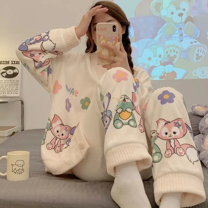 

Милые Мультяшные кавайные пижамы Dinsey LinaBell из кораллового бархата женские осенние и зимние Утепленные искусственные пижамы