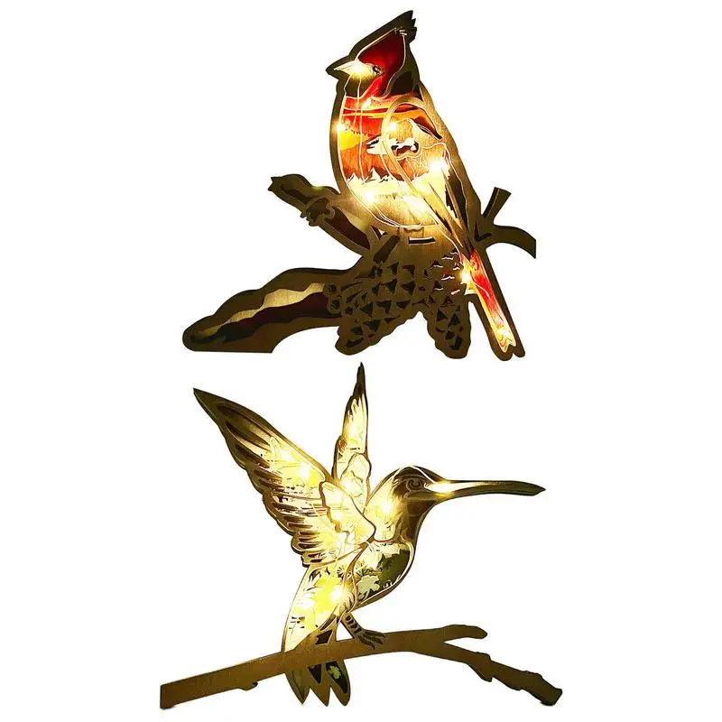 

Wooden Bird Desktop Ornament Light Up Bird Figurine Ornaments Multi-layer 3D Forest Animal Wood Crafts With Light String