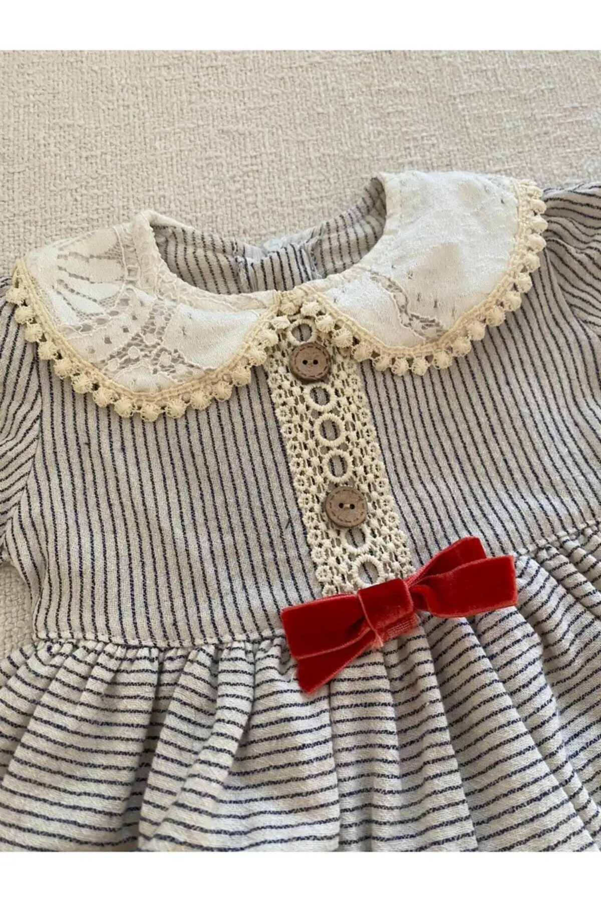 

Girl Baby Bebe Collar Lace Decorated Striped Pattern Dress