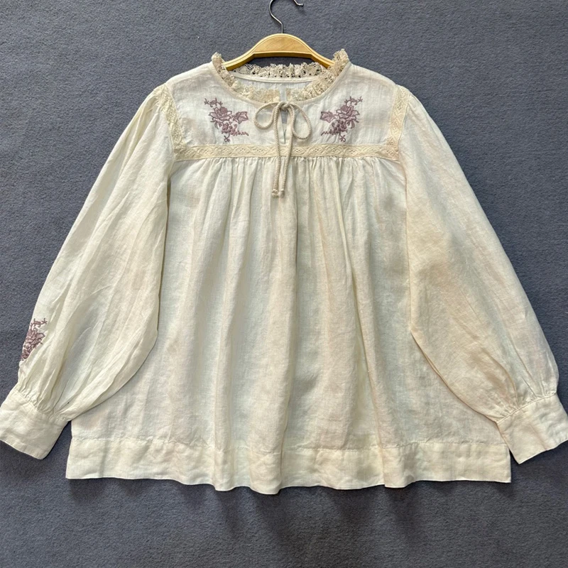 Женская льняная блузка на шнуровке Johnature Повседневная Свободная Простая рубашка