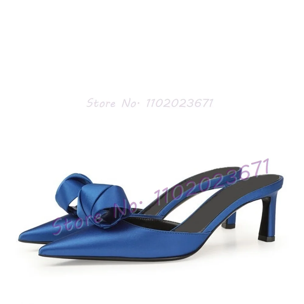 Шлепанцы женские атласные на среднем каблуке милые элегантные туфли с