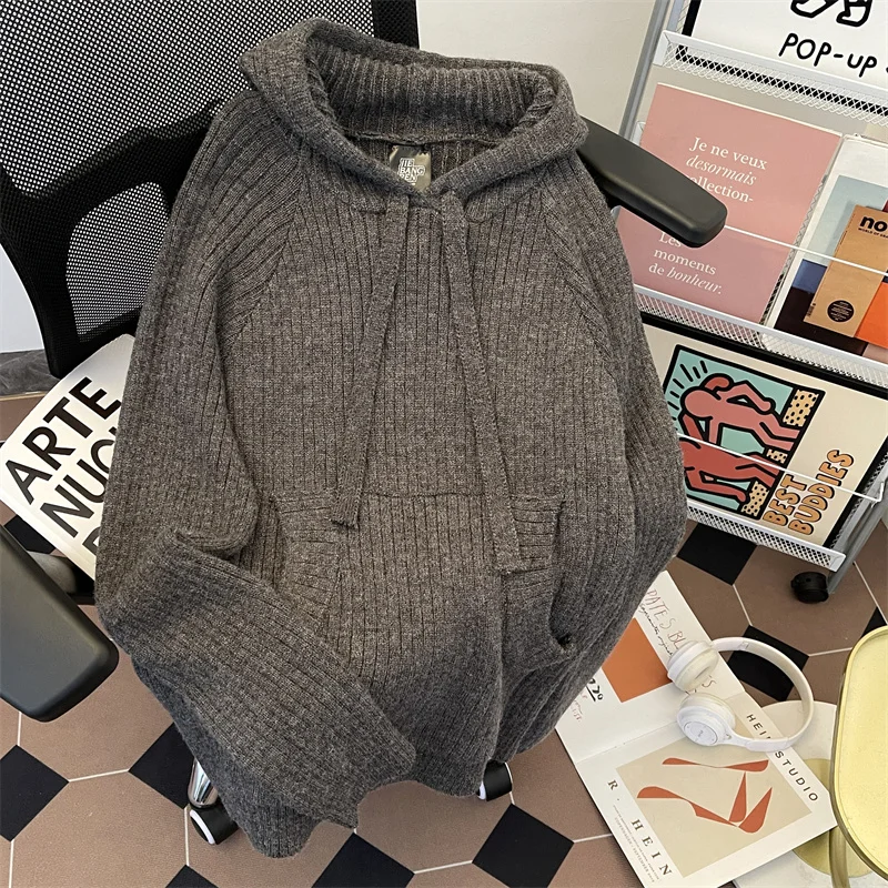 Осенне-зимний однотонный вязаный свитер с капюшоном верхняя одежда мужская