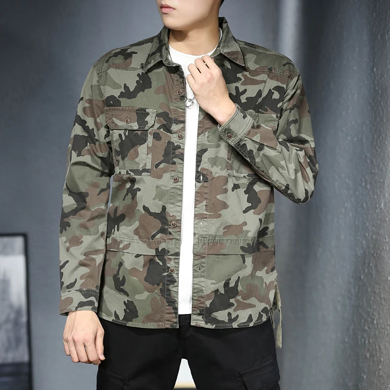 

American Camo Work Jacket Casual Coat Men Loose Thin Lapel Retro Long Sleeve Shirt Men's Fashion Brand Large Size 3XL