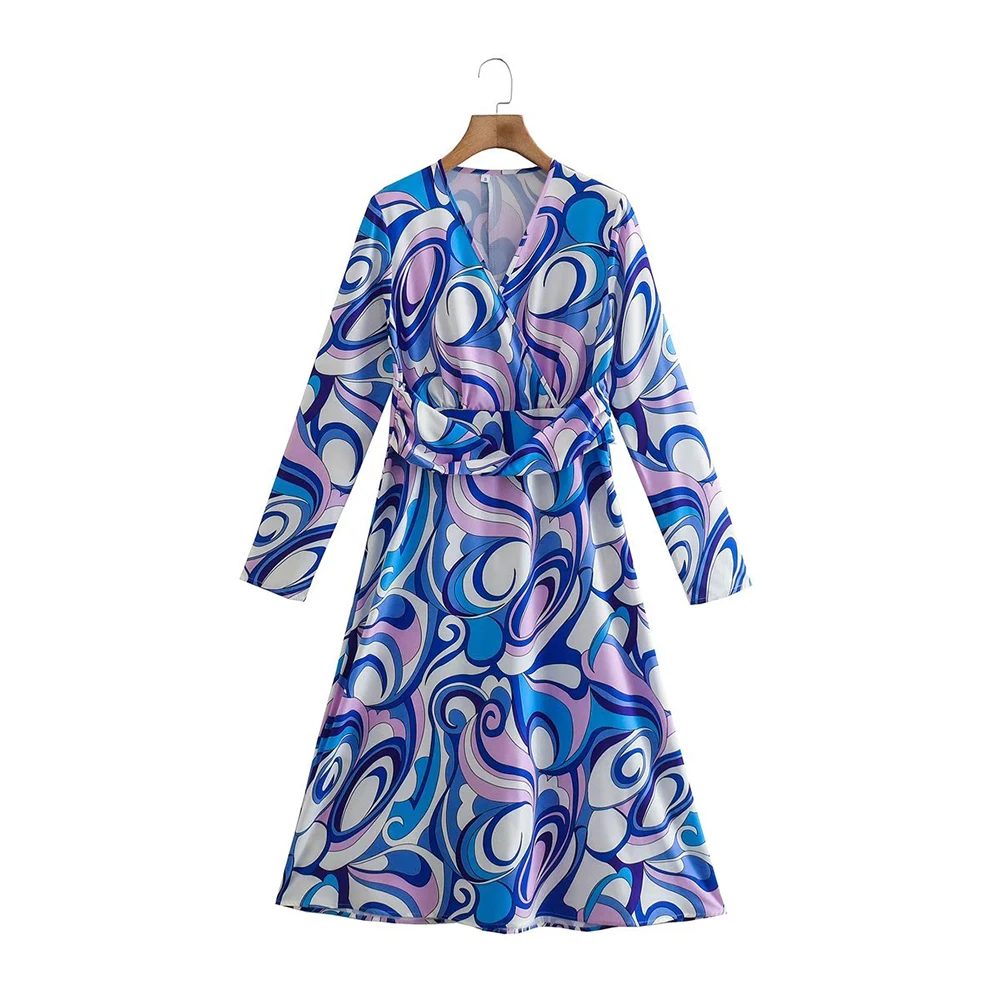 

Женское платье с V-образным вырезом, длинным рукавом и поясом