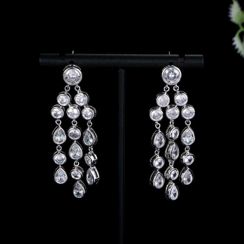 

Luxury Trendy Sparkling Long 3 Rows Waterdrop Tassel Earrings For Women Wedding Party Indian Dubai Bridal Jewelry E1128