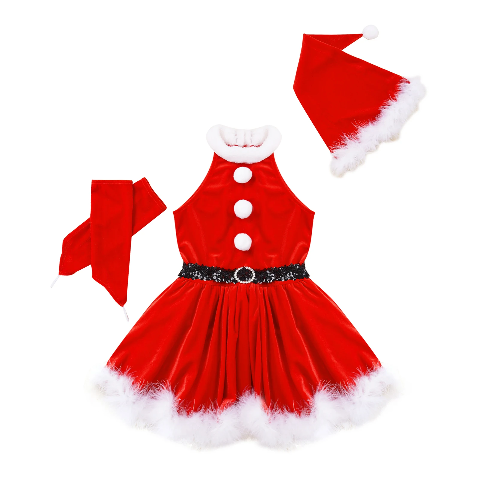 Kids Girls Classic Christmas Red Velvet Costumes A-line Dress with Feather Trims Santa Hat And Gloves Suit for Party