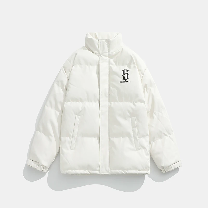 Mens Winter Jackets PU Leather Padded Parkas Harajuku Letter Printed Streetwear Hip Hop Oversized Casual Unisex Coats