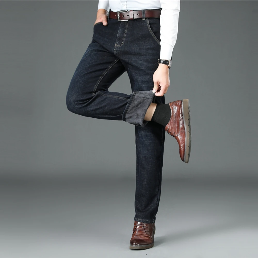COODRONY Winter Men's Fleece Warm Jeans Business Casual Stretch Fabrics Regular Fit Denim Pants Male Brand Thick Trousers Z4049