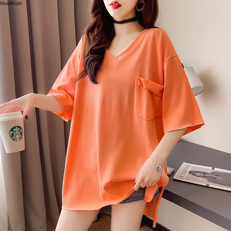 

Oversized Women's T-shirt Short Sleeve T Shirt Cotton Top Loose New Korean Fashion V-neck Pocket Tees Female Clothes